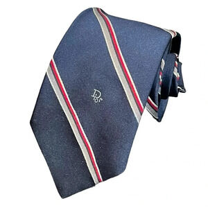 Christian Dior Navy Blue Red Striped Preppy Repp Mens Neck Tie Standard Size